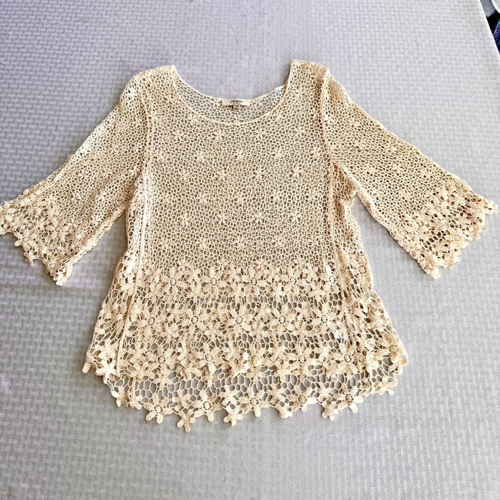 Umgee Crochet Lace Boho Cottagecore Lagenlook Tunic Top Cream‎ Bell Sleeve S/M